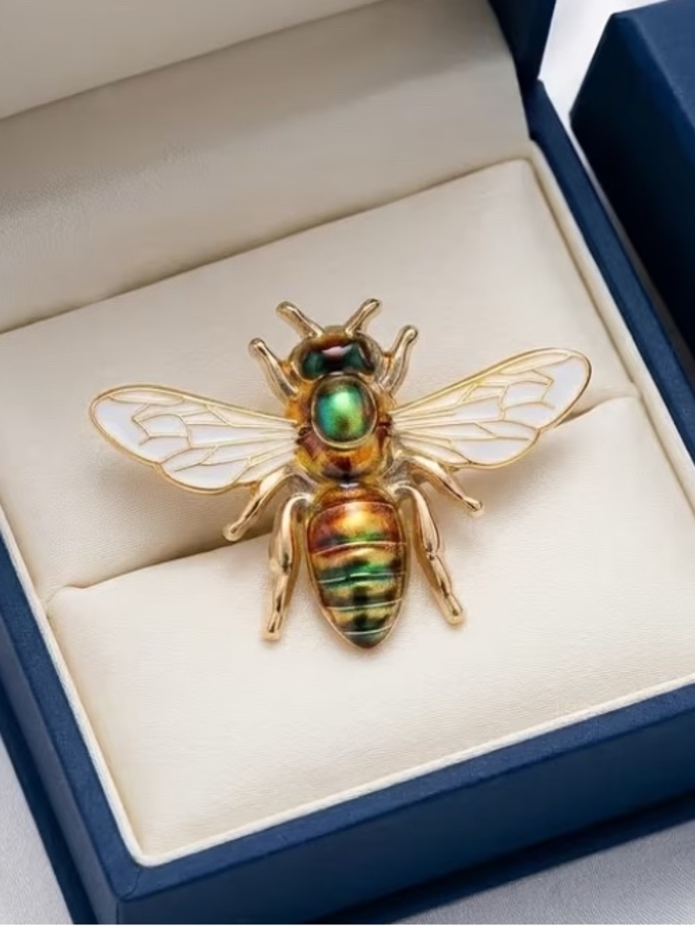 Gold Bee Brooch with Iridescent Green Body